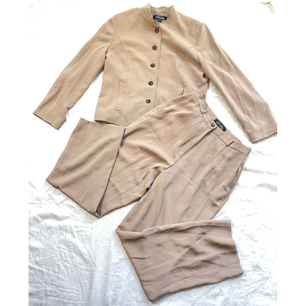 Evelyn & Arthur Women's Pant Suit Set Size 12 Tan Long Sleeve Button Front